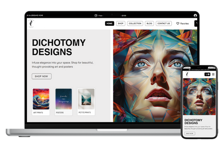 Dichotomy Designs: Dichotomy Designs is a US-based E-commerce company offering curated posters, artwork, and stylish clothing. The goal was to redesign their website, enhancing the visual identity and user experience to create an immersive online gallery where customers can easily explore and purchase unique items that reflect their tastes.