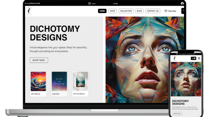 Dichotomy Designs: Dichotomy Designs is a US-based E-commerce company offering curated posters, artwork, and stylish clothing. The goal was to redesign their website, enhancing the visual identity and user experience to create an immersive online gallery where customers can easily explore and purchase unique items that reflect their tastes.