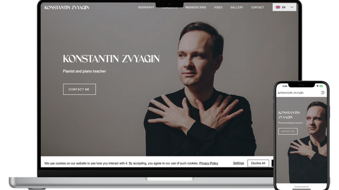 Konstantin Zvyagin: Konstantin Zvyagin is a Russia-based pianist born in 1990 in Novgorod. A laureate of Russian and international competitions, his talent has been recognized with multiple scholarships and grants in Russia and Germany.

The website was designed to showcase his musical achievements and performances, providing a platform to highlight his work and connect with audiences globally.