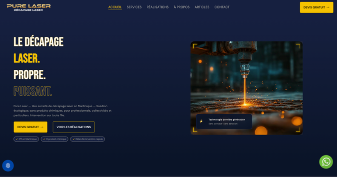Pure Laser: Création d'un site Wix Studio moderne et performant pour Pure Laser. Nous avons conçu une interface sur mesure mettant en valeur les prestations de décapage laser, optimisé le référencement naturel, travaillé l'expérience utilisateur et développé un site rapide, responsive et facile à administrer afin d'accompagner la croissance de l'entreprise.