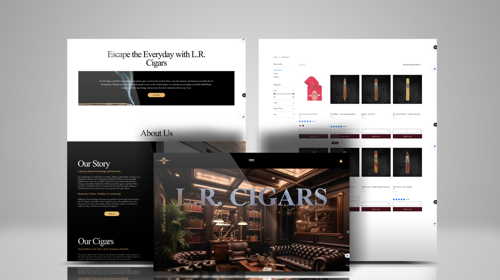 L.R. Cigars: This e-commerce website was built for a luxury cigar brand and mobile cigar lounge. The design combines elegance and sophistication with functionality, featuring an online shop with SEO-friendly product descriptions, a “coming soon” section for the mobile lounge, and a gallery of premium cigar experiences. The sleek black and gold palette conveys exclusivity and craftsmanship, while the site’s layout ensures smooth navigation for customers seeking a refined lifestyle experience.