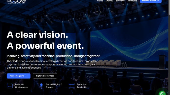 THE CODE: The Code – Event Management & Production Website | Wix Studio

Designed and developed a professional website for The Code, an event management and technical production company based in Jordan. The website features a modern, structured layout that showcases the company's expertise in event planning, conferences, and audiovisual production while helping potential clients explore services and submit inquiries.

Key Work Delivered

- Custom website design and development using Wix Studio
- Homepage design highlighting the company's services and expertise
- Dedicated service pages for Events & Conferences and AV & Technical Production
- About Us page presenting the company's background and approach
- Portfolio section to showcase projects and previous work
- Contact page and Request a Quote functionality
- Consistent visual styling, intuitive navigation, and structured content
- Responsive design for desktop, tablet, and mobile devices
- On-page SEO, including meta titles, meta descriptions, heading structure, and image alt text
- SEO-friendly page structure and content optimization to support search visibility