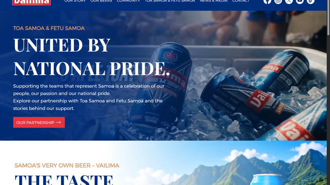 Vailima: Vailima Beer – Wix Studio Website Redesign & SEO

Redesigned the official website for Vailima, a well-known Samoan beer brand, creating a clean, premium digital experience that reflects its heritage and brand identity. The website features modern layouts, engaging brand storytelling, and dedicated product sections to showcase its beer range and community involvement.

Key Work Delivered
- Complete website redesign using Wix Studio
- Premium, brand-focused UI/UX design inspired by Samoan identity
- Beer product pages with detailed descriptions and product information
- Brand history and storytelling sections
- Community and sponsorship page development
- Age verification popup with country-specific legal drinking age requirements
- Responsive design for desktop, tablet, and mobile
- On-page SEO optimization, including meta titles and descriptions
- SEO-friendly page structure, headings, and URL organization
- Image alt text and search engine indexing setup
- Website content optimization to support search visibility
- Improved navigation and overall user experience