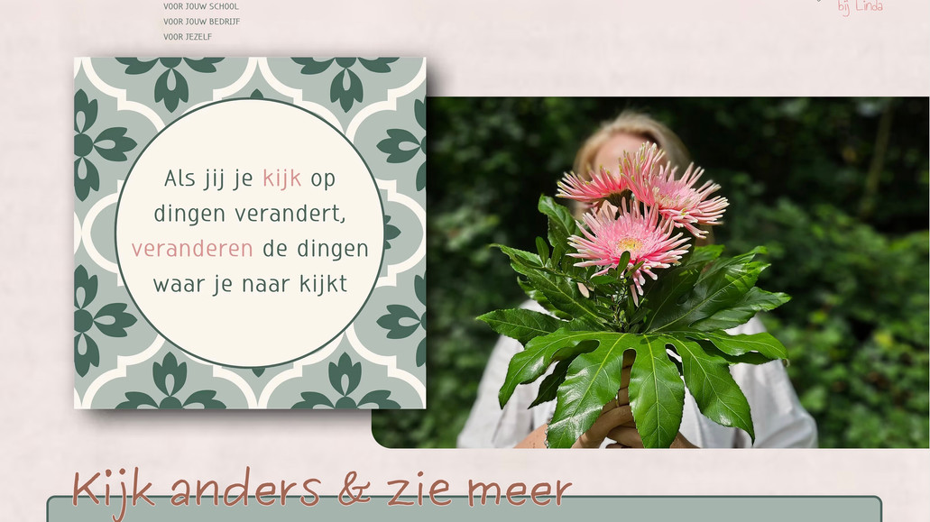 Inzicht bij Linda: Voor In Zicht bij Linda ontwierpen en bouwden we een website die haar brede aanbod aan coaching, stoelmassages en workshops op een toegankelijke manier presenteert. Onze uitdaging was om de warme, persoonlijke sfeer van Linda’s praktijk te vertalen naar een digitale omgeving die zowel particulieren als scholen en bedrijven aanspreekt.
We kozen voor een rustige, vriendelijke vormgeving met natuurlijke kleuren en veel ruimte voor beeld. De duidelijke structuur en heldere teksten maken het eenvoudig om per doelgroep het juiste aanbod te vinden, terwijl de persoonlijke tone of voice vertrouwen en verbinding oproept.
Het resultaat is een online visitekaartje dat bezoekers direct een gevoel van rust en welkom geeft – precies zoals Linda het in haar praktijk doet.