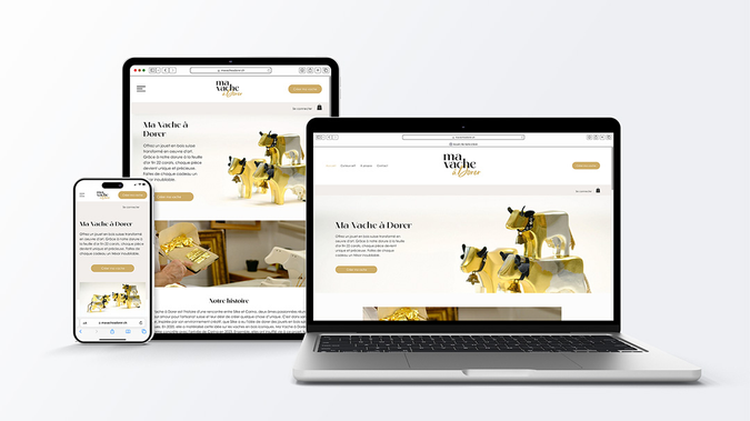 Ma Vache à Dorer: Création d’un site web et d’un webshop pour une petite entreprise qui fabrique des vaches en bois, un jouet traditionnel suisse revisité en œuvre d’art. Chaque pièce, ornée d’une dorure à la feuille d’or fin 22 carats, est unique et précieuse.