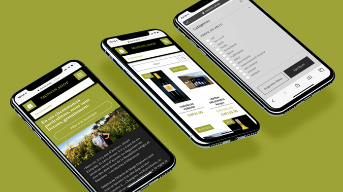 Monvin online shop: Pour les Domaines de la Baudelière (Aigle) et Des Moines – Diserens (Villeneuve), nous avons conçu et réalisé une boutique en ligne commune sur Wix afin de simplifier la vente et la livraison de leurs vins, jusque-là gérées par téléphone ou via un formulaire de commande peu pratique.

Le projet comprend une gestion des stocks en temps réel avec alertes automatiques, un parcours d'achat pensé autour des goûts, repas et occasions du client (UX writing), ainsi qu'un référencement optimisé pour le site et chaque fiche produit.

Nous avons également mis en place des fonctionnalités marketing automation, relance des paniers abandonnés, codes promotionnels, comptes clients avec historique de commandes, pour soutenir les ventes récurrentes, notamment auprès des restaurateurs.