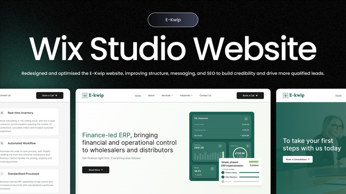 Wix Studio Website Re-design: Redesigned and optimised the E-Kwip website in Wix Studio, improving structure, messaging, and SEO to build credibility and drive more qualified leads.