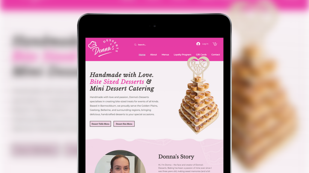 Donnas Desserts: Project description. I redesigned Donna’s Desserts' Wix website, enhancing user experience and streamlining online ordering with Wix Stores & Wix Restaurants. I created multiple menus for pickup and delivery, integrated email automations, and set up a loyalty program to boost customer retention. Additionally, I implemented e-gift cards, making gifting easier for customers.