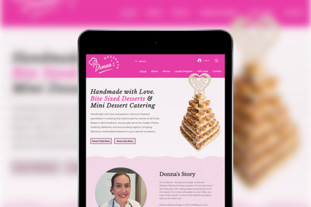 Donnas Desserts: Project description. I redesigned Donna’s Desserts' Wix website, enhancing user experience and streamlining online ordering with Wix Stores & Wix Restaurants. I created multiple menus for pickup and delivery, integrated email automations, and set up a loyalty program to boost customer retention. Additionally, I implemented e-gift cards, making gifting easier for customers.