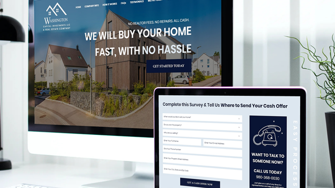 Washington Capital Investments: We just finished the logo + website for Washington Capital Investments LLC, a realtor company offering cash for homes. This website allows the owners to capture client information, provide a quote for a home, and then offer a deal. AUTOMATION OF PROCESSES can save time, keep your organized, and streamline the customer journey. Contact us today for all realtor &amp; business websites: info@luxuriouswebdesign.com