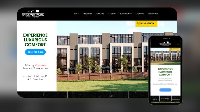 Winona Park Townhomes Pre-Construction Sale: Winona Park Towns is a pre-construction sale website designed to generate registrations and leads. This website has generated hundreds of registrations through its functional and informative design. It features a custom-coded interactive map, realistic rendered video, and an eye-catching email campaign. 
The website is designed to highlight features of the townhomes and has an outstanding mobile version.