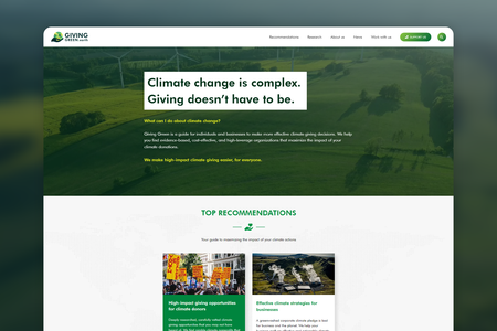 Giving Green: Giving Green is an evidence-based guide that helps donors and volunteers fight climate change.

Project includes Web Design & Development on Wix with Blog functionality, Donation System Integration, and Geolocation Redirect.