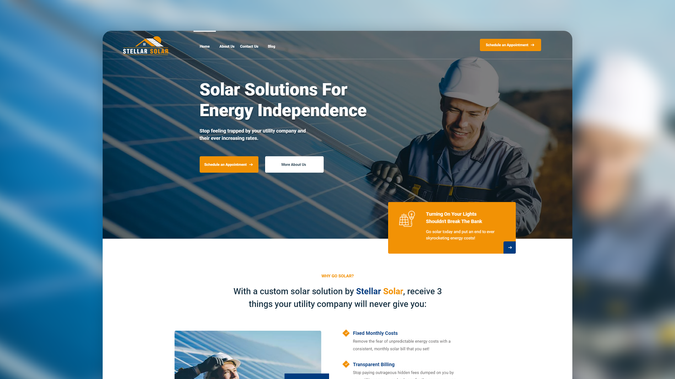 Stellar Solar: Stellar Solar offers custom solar solutions on the way to energy independence. They are defined by three fundamental characteristics: education, sensibility, and commitment.

Project includes Web Design & Development on Wix with Newsletter Sign Up.
