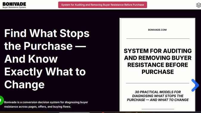 Bonivade.com: Bonivade is a digital product website built to present a structured buyer resistance system in a clear and commercially strong way. I worked on the strategy, page structure, messaging, and Wix Studio implementation to turn a complex framework into a focused product experience that is easy to understand and navigate.