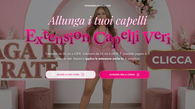 Extension Capelli Michelle: Abbiamo creato da zero la sua palette colori, abbiamo trovato il suo stile e studiato i suoi social per capire come mostrare al meglio servizi, messaggio e l'obiettivo del suo sito web. Nel suo caso facilitare la vendita dei corsi online.