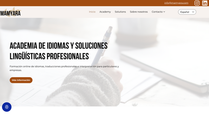 Mamyara: ✨ MAMYARA – Création complète du site internet ✨

Un site pensé pour mettre en lumière l’univers de MAMYARA, une agence spécialisée dans les formations linguistiques, la traduction et l’interprétation, avec une approche humaine, interculturelle et professionnelle.

Ce que nous avons réalisé :

- Création de l’univers visuel du site, avec une identité moderne, chaleureuse et professionnelle, reflétant l’ouverture culturelle et l’humain au cœur de MAMYARA.

- Structuration complète des pages et des contenus, afin de présenter clairement les différents services proposés et faciliter la navigation entre les espaces dédiés à la formation et aux solutions linguistiques.

- Webdesign sur Wix Studio, avec une interface élégante, épurée et intuitive, pensée pour valoriser l’expertise et les différentes offres de MAMYARA.

- Mise en forme des contenus et des différents services, pour rendre l’information accessible et permettre aux visiteurs d’identifier rapidement la solution correspondant à leurs besoins.

- Création d’un parcours utilisateur fluide, permettant de découvrir l’univers de MAMYARA, ses valeurs, ses formations et ses services de traduction et d’interprétation.

- Optimisation SEO des pages, afin d'améliorer la visibilité du site sur les recherches liées à la formation linguistique, à la traduction et aux services d’interprétation.

- Mise en place de points de contact clairs et efficaces, permettant aux particuliers comme aux professionnels de prendre facilement contact avec MAMYARA et de se renseigner sur les différentes prestations.

- Accompagnement personnalisé, afin de permettre au client de prendre en main son site et de faire évoluer facilement ses contenus et sa présence en ligne.
