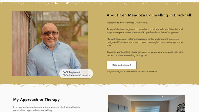 Ken Mendoza Counsell: I redesigned and refined the homepage of Ken Mendoza Counselling to improve clarity, user flow, and enquiry conversion.

The original structure presented information but did not clearly guide visitors toward taking action. I focused on restructuring the layout to create a more natural journey, helping visitors understand the service, build trust, and move confidently toward making an enquiry.

Key improvements included:
• Reworking the homepage flow to guide users step-by-step
• Adding a “How It Works” section to simplify the process
• Improving content clarity and readability across sections
• Integrating Google reviews to build real-time trust and credibility
• Enhancing call-to-action placement to increase enquiries
• Maintaining the existing Wix structure while improving overall performance

The result is a cleaner, more professional website that not only presents the service clearly but also functions as a stronger client acquisition tool.

The focus was not just on design, but on improving how the website converts visitors into real client enquiries.