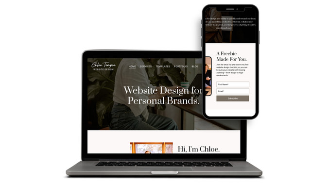 Chloe Tempco Website Design: My own Wix-built website, designed to showcase my web design work and generate leads. The homepage leads with a bold headline, trust badges (Wix, Squarespace, Google, Upwork), and client testimonials. A clear funnel drives visitors from a free email opt-in checklist through tiered pricing packages ($999–$4,999+) to a project inquiry form — all wrapped in warm photography and a personal "Hi, I'm Chloe" bio.