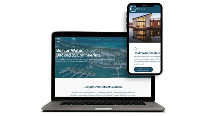 Seadwell: My Wix-built website for Seadwell, a maritime consulting and floating architecture studio combining marine engineering with waterfront design-build services. The homepage opens with striking aerial marina photography, a bold "Built on Water. Backed by Engineering." headline, and split feature sections for Floating Architecture and Waterfront Planning/Permitting, backed by a partner logo bar and a featured projects grid (D.C., Maryland, Bahamas) leading into a project inquiry form.