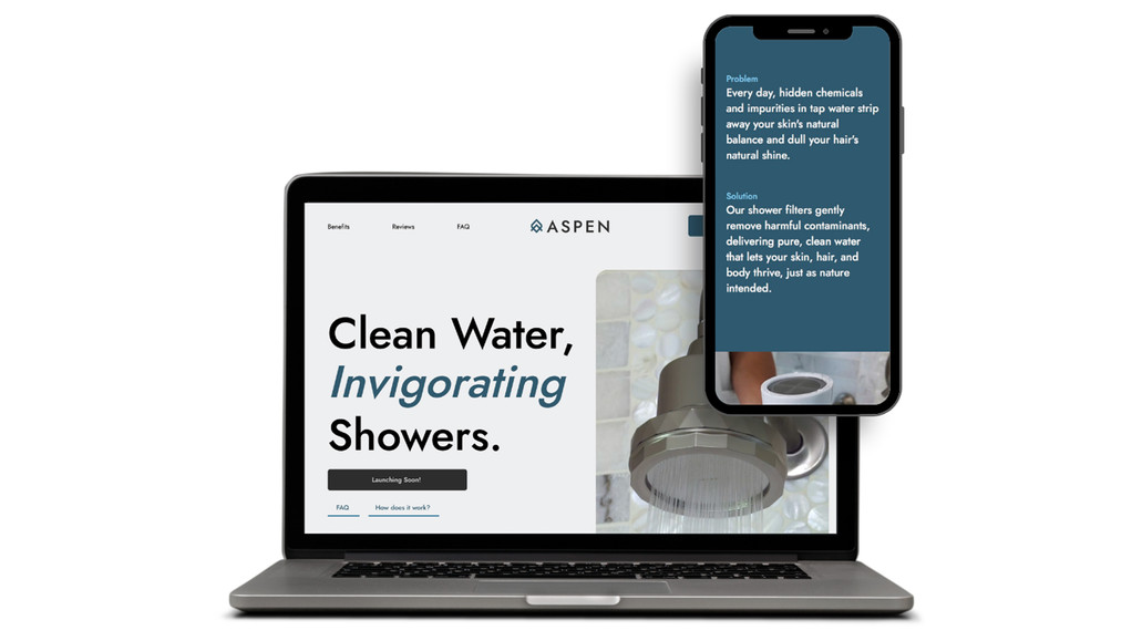 Aspen Clean Co.: A Wix-built landing page I designed and built for Aspen Clean Co., a filtered showerhead brand focused on skin and hair wellness. The page follows a single-product, direct-to-Amazon sales funnel: a bold "Clean Water, Gentle Showers" hero with a Shop Now CTA leads into a problem/solution section backed by hard-hitting stats (85% of the U.S. has hard water, 98% is chlorine-treated), a technical breakdown of the 10-stage A1 filter, customer testimonials, an FAQ accordion, and a simple 3-step "no handyman needed" install guide — all designed to drive purchases through Amazon.