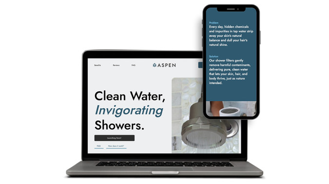 Aspen Clean Co.: A Wix-built landing page I designed and built for Aspen Clean Co., a filtered showerhead brand focused on skin and hair wellness. The page follows a single-product, direct-to-Amazon sales funnel: a bold "Clean Water, Gentle Showers" hero with a Shop Now CTA leads into a problem/solution section backed by hard-hitting stats (85% of the U.S. has hard water, 98% is chlorine-treated), a technical breakdown of the 10-stage A1 filter, customer testimonials, an FAQ accordion, and a simple 3-step "no handyman needed" install guide — all designed to drive purchases through Amazon.
