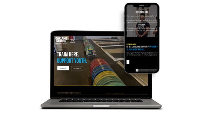 Oakland Strong: A Wix-built nonprofit website I designed and built for Oakland Strong, an Olympic weightlifting community gym in Oakland where adult memberships fund free strength training for local youth athletes. The homepage opens with a bold "Train Here. Support Youth." hero and dual Drop In/Join Now CTAs, then walks visitors through the model — adults train, youth train free — backed by striking action photography and standout impact stats (10k+ mentoring hours, 1,500+ youth impacted, 100% high school graduation and college acceptance). A "Strongest Kids in Oakland" gallery spotlights national and international youth champions, and the site closes with donation, contact, and Lift Us Foundation nonprofit info.