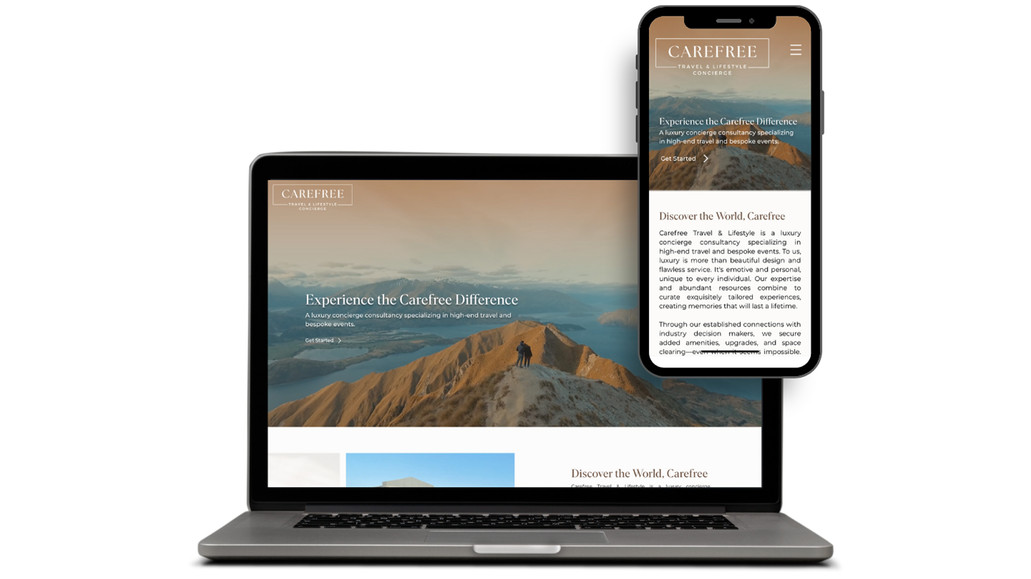 Carefree Travel: A Wix-built website I designed and built for Carefree Travel & Lifestyle, a luxury concierge consultancy specializing in high-end travel and bespoke events. The homepage opens with an elegant "Experience the Carefree Difference" hero over sweeping travel imagery, then walks through four core services — Travel Design, Events, Corporate, and Lifestyle Memberships — each with a "click to learn more" prompt. A founder spotlight on Lauren Wright adds a personal, story-driven touch, and an extensive partner logo grid showcases the brand's global network of luxury properties (10,000+ worldwide). The site closes with an exclusive email opt-in for a members-only travel portal and clear "Get Started" CTAs throughout.