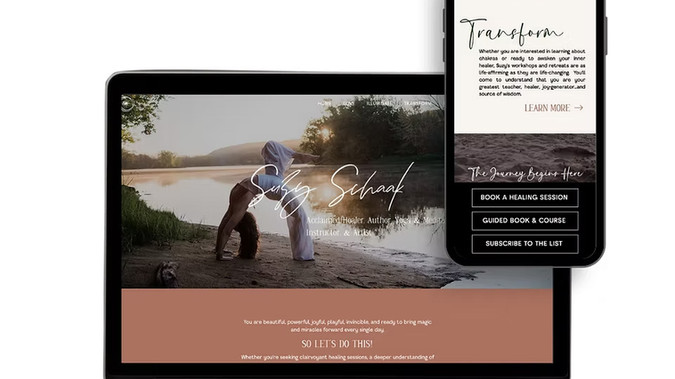 Suzy Schaak: Client: Suzy Schaak — healer, author, yoga & meditation instructor, and artist
Role: Full design + build
Platform: Wix
Deliverables: Full site — home, healing sessions, book/workbook, courses, workshops/retreats, blog, contact/scheduler

The Brief
The redesign needed to bring together healing sessions, a published book and workbook, guided courses, workshops, retreats, and healing art — all under one very personal brand — in a way that felt cohesive and reflected who Suzy actually is, rather than reading as a scattered list of services.

The Process
This is a personal-brand site built around one person doing many things, so the core design challenge was organizing range without diluting identity. A few decisions worth calling out:
- Three clear pillars instead of a flat service list — Love (healing sessions), Illuminate (book/courses/blog), and Transform (workshops/retreats) group a wide range of offerings into three intuitive, emotionally-named categories rather than a generic dropdown menu
- Testimonial placed immediately, not buried — a powerful, specific story (a husband describing Suzy's help through his wife's terminal illness) appears right on the homepage, doing more to build trust in a healing/spiritual practice than any bio copy could
- Voice-first homepage copy — direct, personal language ("You are beautiful, powerful, joyful..." / "SO LET'S DO THIS!") makes the brand feel like it's actually Suzy speaking, which matters enormously for a healer/personal-brand business built on individual connection
- Multiple entry points for different commitment levels — Book a Healing Session (high-touch, 1:1), Guided Book & Course (self-paced, lower commitment), Subscribe to the List (no-commitment) — meeting visitors wherever they are in their trust/readiness journey
- Cohesive visual identity across very different content types — a book, a course, retreats, and 1:1 sessions all live under one consistent look, so the site reads as one unified brand rather than four separate offers stitched together