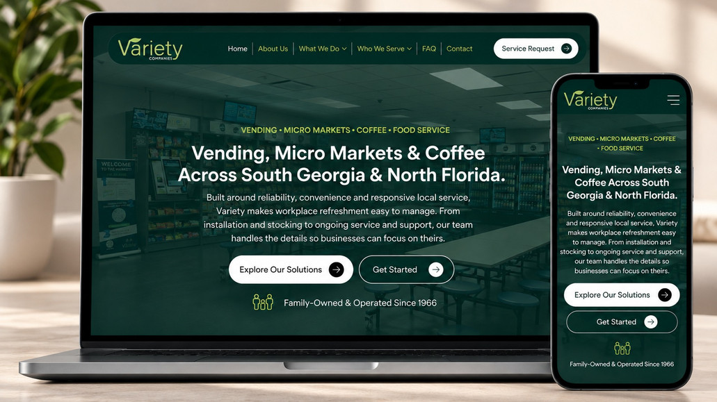 Variety Companies: The Variety Companies website redesign was a refresh and Wix Studio migration for a family-owned vending, micro market and coffee service provider serving workplaces across South Georgia and North Florida since 1966. The goal was to modernize the site while keeping the brand recognizable, present Variety's growing range of services more clearly, and give prospective customers an easier path to requesting service.

Built in Wix Studio, the new site is organized around how Variety's customers think: by the service they need and the industry they're in. Dynamic Services and Who We Serve pages pull from connected CMS collections, so each page shows its own clients, brands, photography and FAQs, and the Variety team can update content without touching the design.

Behind the scenes, custom Velo development powers interactive logo showcases, and a full SEO strategy was put in place to protect existing search traffic during launch and strengthen local visibility going forward.

Key Features Include:
- Complete website redesign and migration to Wix Studio
- CMS-driven Services and Who We Serve pages with industry-specific clients, brands and FAQs
- Custom-coded logo strips with auto-scroll plus click-and-drag and swipe controls, filtered by service and industry
- Breakroom Design showcase pairing 3D renderings and floor plans with completed installations
- Client logos and testimonials integrated throughout the site as social proof
- Client-managed Promotions page and giveaway winners gallery
- Mobile-first responsive design optimized across all devices
- Page-by-page keyword strategy, title tags, meta descriptions and image alt text
- URL restructuring and 301 redirects to preserve SEO equity at launch
- Google Search Console setup and sitemap submission
- Website Care Guide and Wix Studio Client Kit for day-to-day site management

The result is a modern, easy-to-manage website that reflects the quality of service Variety is known for and is built to grow with the business.