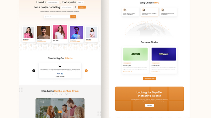 Humble Venture Group: This is my client Damo's project, where I designed the Figma mockup, developed the website in Wix Studio, and built custom filter functionality.