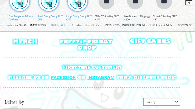 Freezies Treats: Here we custom built a progress bar that tracks the amount spent and adds free gifts to the card. All this can be controlled by the client so they can change items and prices themsleves.