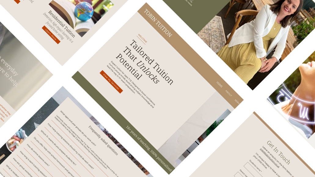 Tobin Tuition: After attempting a build herself, this lovely client found herself getting stuck and not achieving the results she wanted. She came to me and together we worked on a consistent colour palette, and a slick site showcasing her tutoring services. She was super happy with the results, and you can see her review below:

"Working with Lou has been an absolute joy from start to finish. Before I hired Lou, I foolishly tried to build my own website and oh, how I laughed looking back at my attempt! Lou came in, streamlined my messy ideas, and helped me put them into an ordered format that truly reflected me and my brand. She is incredibly helpful, communicative, and fast to respond. Every step of the way, it felt like she was reading my mind. Her creativity and vision are truly amazing, I am so grateful!"