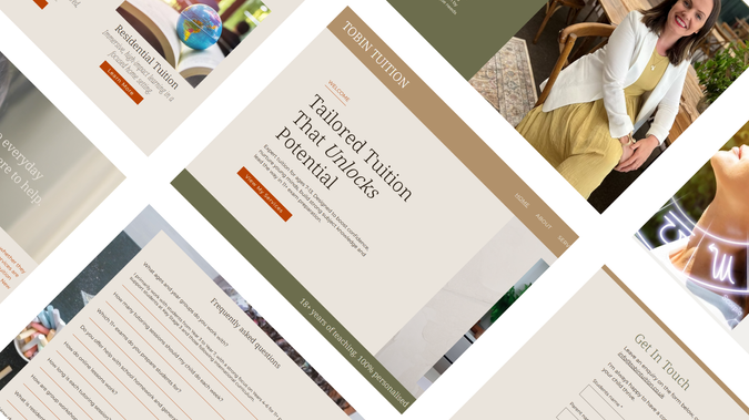 Tobin Tuition: After attempting a build herself, this lovely client found herself getting stuck and not achieving the results she wanted. She came to me and together we worked on a consistent colour palette, and a slick site showcasing her tutoring services. She was super happy with the results, and you can see her review below:

"Working with Lou has been an absolute joy from start to finish. Before I hired Lou, I foolishly tried to build my own website and oh, how I laughed looking back at my attempt! Lou came in, streamlined my messy ideas, and helped me put them into an ordered format that truly reflected me and my brand. She is incredibly helpful, communicative, and fast to respond. Every step of the way, it felt like she was reading my mind. Her creativity and vision are truly amazing, I am so grateful!"