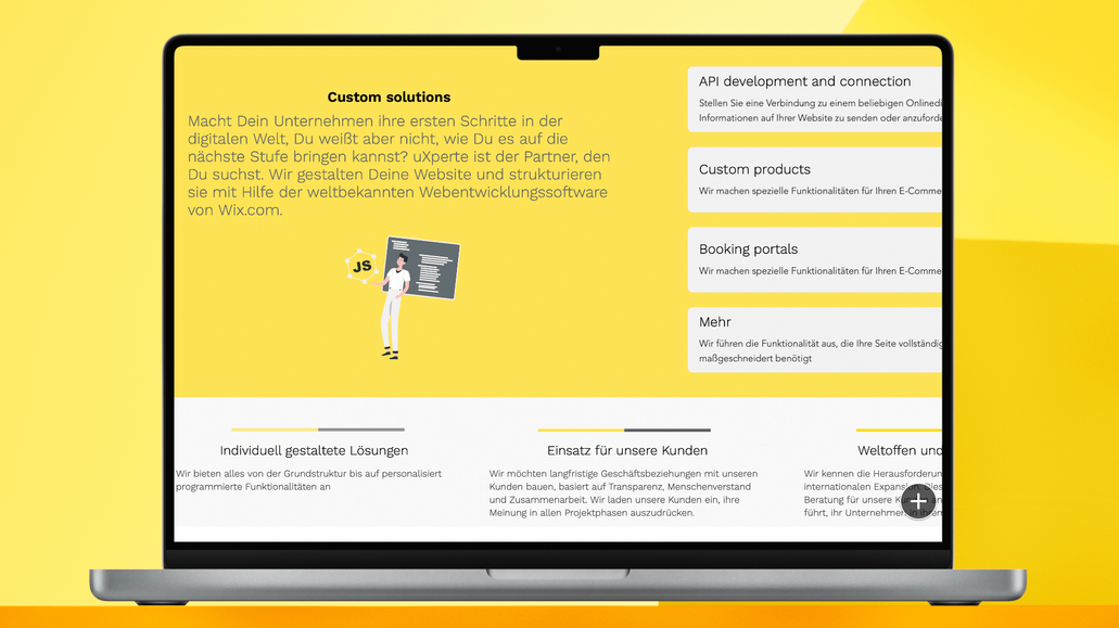uXperte: Unsere Website wurde mit Editor X von Wix erstellt. Sie hat ein responsives Design für große, mittlere und kleine Computer. Zusätzlich hat sie auch ein responsives Design für Mobiltelefone und iPad.