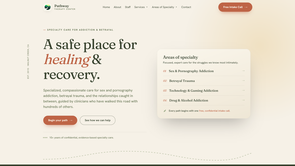 Pathway Therapy Center: Designed and developed a modern, welcoming website for Pathway Therapy Center, a therapy and mental health practice focused on creating a comfortable and approachable experience for clients.

The website was built to clearly communicate the center’s services, establish trust with prospective clients, and make it easy for visitors to learn more and get in touch. The design combines a clean visual system with intuitive navigation, responsive layouts, and thoughtful content organization to create a calm and professional user experience across desktop and mobile.