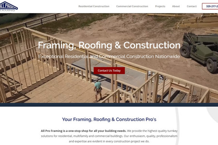 All Pro Framing: Customer wanted a website for their business on a very short notice. Created entire site with all the content and went live in about a week. They love it.