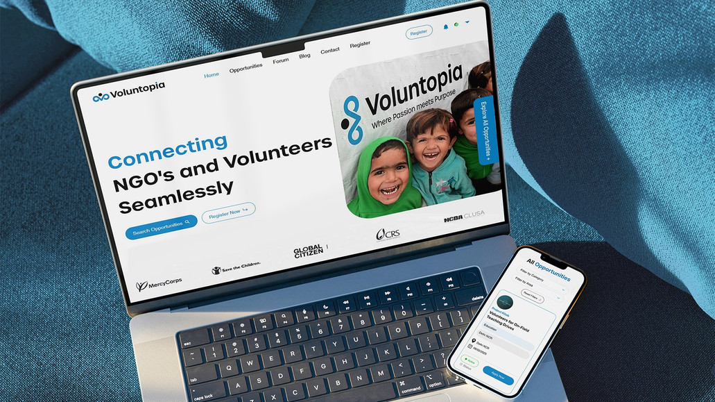 Voluntopia: Voluntopia is a purpose-driven platform built to bridge the gap between NGOs and volunteers, creating a seamless space for collaboration. Volunteers can create detailed profiles, much like a social media network, allowing NGOs to review their skills and reach out directly. On the other hand, NGOs can post opportunities, functioning like a job listing platform, where volunteers can apply for roles that align with their interests.

Beyond just connections, Voluntopia fosters a community-driven experience with a journal section, where both volunteers and NGOs can share updates, experiences, and insights. These posts encourage engagement, discussions, and learning, as visitors can react, comment, and share. More than a platform, Voluntopia is a trusted ecosystem, partnering with some of the best NGOs to ensure its members—Voluntopians—get meaningful and impactful opportunities.

Members also receive certificates and exclusive perks, adding to the fulfilling experience of volunteering. When the co-founders of Voluntopia approached us with their vision, we helped bring it to life by building the entire platform from scratch and crafting a cohesive brand identity. From logo design, colors, and typography to ID cards and printed materials, we created a strong foundation that is now an integral part of Voluntopia’s journey, helping countless volunteers and NGOs connect and make a difference.