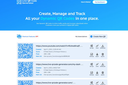 Live QR Code Generator: Live QR Code Generator is a leading cloud-based platform with thousands of users worldwide. We make it easy for everyone to create editable and trackable QR Codes. Use our Dynamic QR Codes to drive traffic and increase sales/leads. Sign up today for a free 14-day trial!