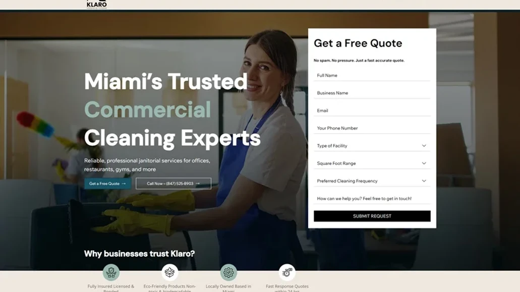Klaro Commercial Cleaning: Designed and developed it from scratch on Wix Studio.