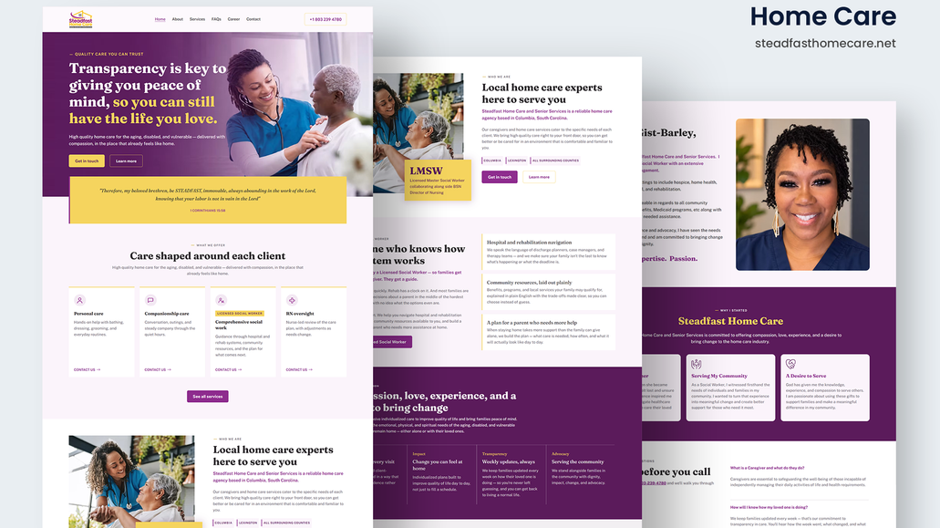 Steadfast Home Care: Redesigned and developed a modern Wix Studio website for a US-based home care and senior services agency, creating a professional, trustworthy, and user-friendly online experience for seniors, families, and caregivers. The website highlights personalized care services, senior care, companionship, personal care, and in-home support with responsive design and SEO-focused structure.

Wix Studio, Home Care Website, Senior Care Website, Home Health Care Website, Healthcare Website Design, Senior Services Website, Wix Designer, Wix Website Redesign, Responsive Design, SEO Optimization, Custom Wix Development, UI/UX Design, Healthcare Web Design, In-Home Care Website, Modern Wix Website.