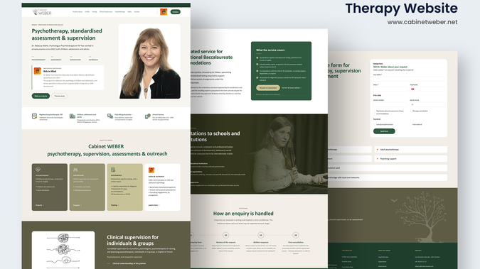 Cabinet Weber: Designed and developed a modern, professional Wix Studio website for a therapy practice, using the client-provided content. The website features a clean, welcoming, responsive, and user-friendly design with SEO and accessibility optimization.

Wix Studio, Therapy Website, Psychologist Website, Psychotherapist Website, Mental Health, Healthcare Website, Responsive Design, UX/UI Design, SEO Optimization, Local SEO, Accessibility, Custom Wix Development, French Website, Site Internet Thérapeute, Site Internet Psychologue, Refonte de Site Internet, Création de Site Web.