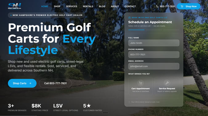 Snh Golf Carts LLC: SNH Golf Carts, a leading golf cart dealership based in New Hampshire, partnered with Strugbits to enhance its digital presence and support long-term business growth. Initially engaged for SEO and AI optimization services, the project evolved into a complete website transformation after identifying limitations within the existing platform. Our team redesigned and upgraded the website, implemented eCommerce functionality, integrated payment and customer engagement features, and performed technical SEO enhancements to improve search visibility and user experience.

In addition to web development and optimization, Strugbits assumed responsibility for the client's ongoing marketing initiatives. This included social media management, content creation, carousel designs, video editing, and creative direction for promotional campaigns. Through a combination of technology, SEO, and digital marketing, we established a scalable online presence that enables the client to manage their business efficiently while strengthening brand awareness and lead generation across the New England region.

Services Delivered:

-Website Design & Development
-eCommerce Development
-SEO & AI Optimization
-Technical SEO Enhancements
-Social Media Management
-Content Creation & Carousel Design
-Video Editing & Creative Direction
-AI-Powered Customer Engagement Solutions
-Website Maintenance & Ongoing Optimization