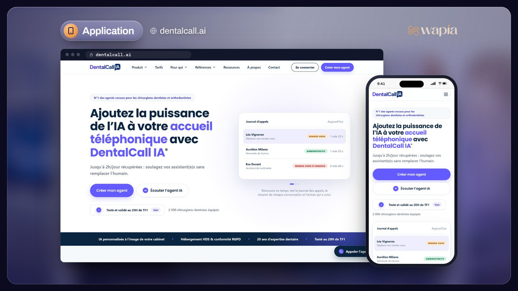 DentalCall IA: DentalCall IA répond au téléphone des cabinets dentaires quand l’équipe ne peut pas décrocher. Le site devait rendre le produit concret en quelques secondes et mener à la création de l’agent.

Le produit en cinq étapes, de l’activation au compte rendu de chaque appel.

Une démonstration à écouter, et la création de l’agent en ligne.

Compatible avec les outils du métier, logos à l’appui.

Le journal d’appels montré tel qu’il est.
