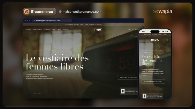 Maison Petite Romance: Le projet
Une marque de tailleurs pour femmes, coupes structurées d’inspiration années 60, en séries limitées. Le site vend comme un magazine de mode : la collection en grand, chaque pièce racontée par ses détails, l’achat en quelques clics.

Une boutique complète : couleurs, tailles, guide des tailles.

Chaque pièce racontée par son détail : l’épaulette, le pli, le sergé.

Livraison, retours et paiement annoncés dès la fiche.

En français et en anglais.