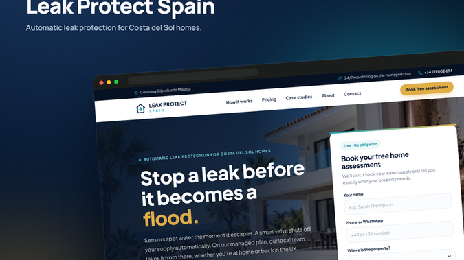 Leak protect Spain: I designed and built a Wix Studio website for Leak Protect Spain, a Costa del Sol company that fits leak sensors and automatic water shut-off valves in villas, apartments and holiday lets.

The goal: make an unseen risk feel real to UK owners who are away for weeks, show clear prices and get them to book a free home assessment.

The challenge: almost nobody searches for a water shut-off valve until after a flood. The owner also needed custom features that a template can't give, on a site he can still edit himself.

What I did:
- Wrote plain, short copy for six pages: Home, How it works, Pricing, Case studies, About and Contact
- Built a tap-a-room leak map, an animated phone alert and fixed-price plan cards as custom sections inside Wix Studio
- Put a free assessment form in the hero and added a mobile bar with WhatsApp and booking buttons on every page
- Set desktop, tablet and phone layouts so nothing is cut off
- Set SEO titles, meta descriptions and focus keywords on all six pages
- Wrote a simple guide so the owner can edit text, photos and prices

The result: a six-page Wix Studio site live on leakprotect-spain.es. Visitors see the risk in seconds, see fixed prices, and can book from any page in one tap.

A good fit if you run a local service business and need a Wix Studio website design with custom features you can still update yourself.