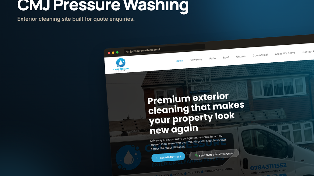 CMJ Pressure Washing: I designed and built a 10-page Wix website for CMJ Pressure Washing, an exterior cleaning company in Walsall that cleans driveways, patios, roofs and gutters across the West Midlands.

The goal: turn local searches into quote requests from homeowners and businesses, and show real proof of the work.

The challenge: customers search by service and by town, like "driveway cleaning Walsall", and want a price fast without a site visit. Homeowners and commercial buyers also need very different answers.

What I did:
- Planned a clear site: a homepage, five service pages and four town pages for Walsall, Birmingham, Wolverhampton and Dudley
- Built one service page template with what's included, surfaces, a 3-step process, FAQs and reviews
- Made drag-to-compare before and after sliders of real jobs as custom HTML embeds
- Added call and "send photos for a free quote" WhatsApp buttons on every page, plus a Wix Forms quote form
- Linked every service page to its town pages and back
- Set phone layouts for every section

The result: the new site is live on cmjpressurewashing.co.uk. Every page shows proof and offers three quick ways to get a quote.

A good fit if you run a cleaning or trade business and need a Wix website design that turns local visitors into enquiries.