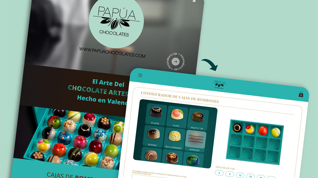 Papúa Chocolates: Valencias best and biggest artisan chocolate producer wanted a new crisp design to showcase the beautiful chocolate they hand make.
For the webshop we created a coded configurator allowing their customers to add the colorful bombones into a selected packaging in a selected order. This feature now gives the customer a fully customizable experience and the sequence of each placed bombones is reported to shops so they can pack it accurately. TRY IT! - is it amazing.
Let us build your next Webshop and custom coded feature.