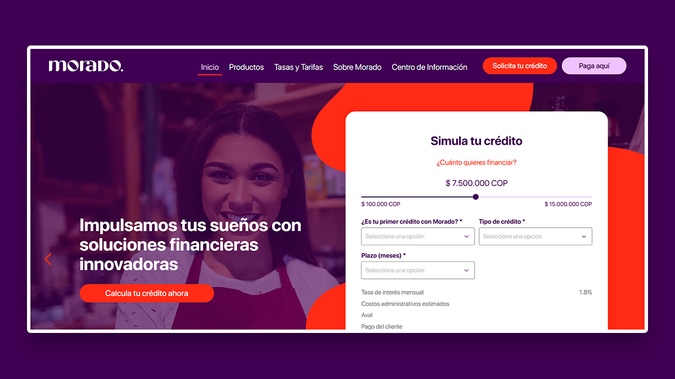 Morado: Re-diseno del sitio web de Morado Colombia: brindar acceso a soluciones financieras ágiles y flexibles que impulsen el crecimiento de emprendedores y negocios en Colombia y Latinoamérica. A través de tecnología, transparencia y un enfoque centrado en las personas, eliminamos barreras para que más empresas puedan escalar y prosperar sin preocupaciones