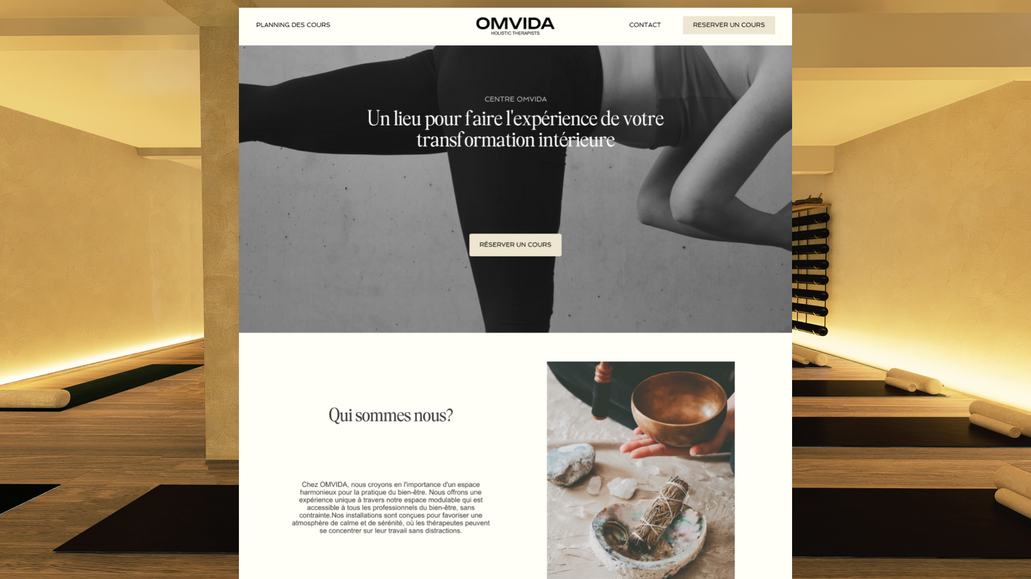 OMVIDA: Omvida is a wellness sanctuary in the heart of Paris’s 7th arrondissement, dedicated to rejuvenation and transformation. Bringing together a community of practitioners, Omvida guides clients on their journey to self-discovery through various integrative practices.

I designed a website that reflects the serene and transformative essence of Omvida. The site provides clear and inviting information about the wellness services offered, creating an online space that mirrors the tranquility and holistic approach of the physical location. The design aims to attract and engage visitors, making it easy for them to explore and connect with the wellness community at Omvida.
