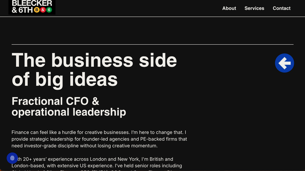 Bleecker and 6th: Financial consultancy for creative agencies. Delivered complete brand identity and Wix Studio website in just 2 weeks ahead of critical client meeting. NYC transit-inspired visual system that matched the client's direct, no-nonsense approach. From zero online presence to fully launched professional brand.